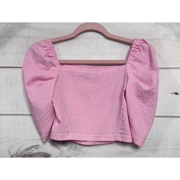 TOPSHOP Size 4 Pink White Checked Crop Top Preppy Cute - Picture 2 of 5
